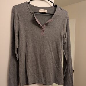 Abercrombie & Fitch Women's Long Sleeve Henley - Gray with Light Mauve Trim